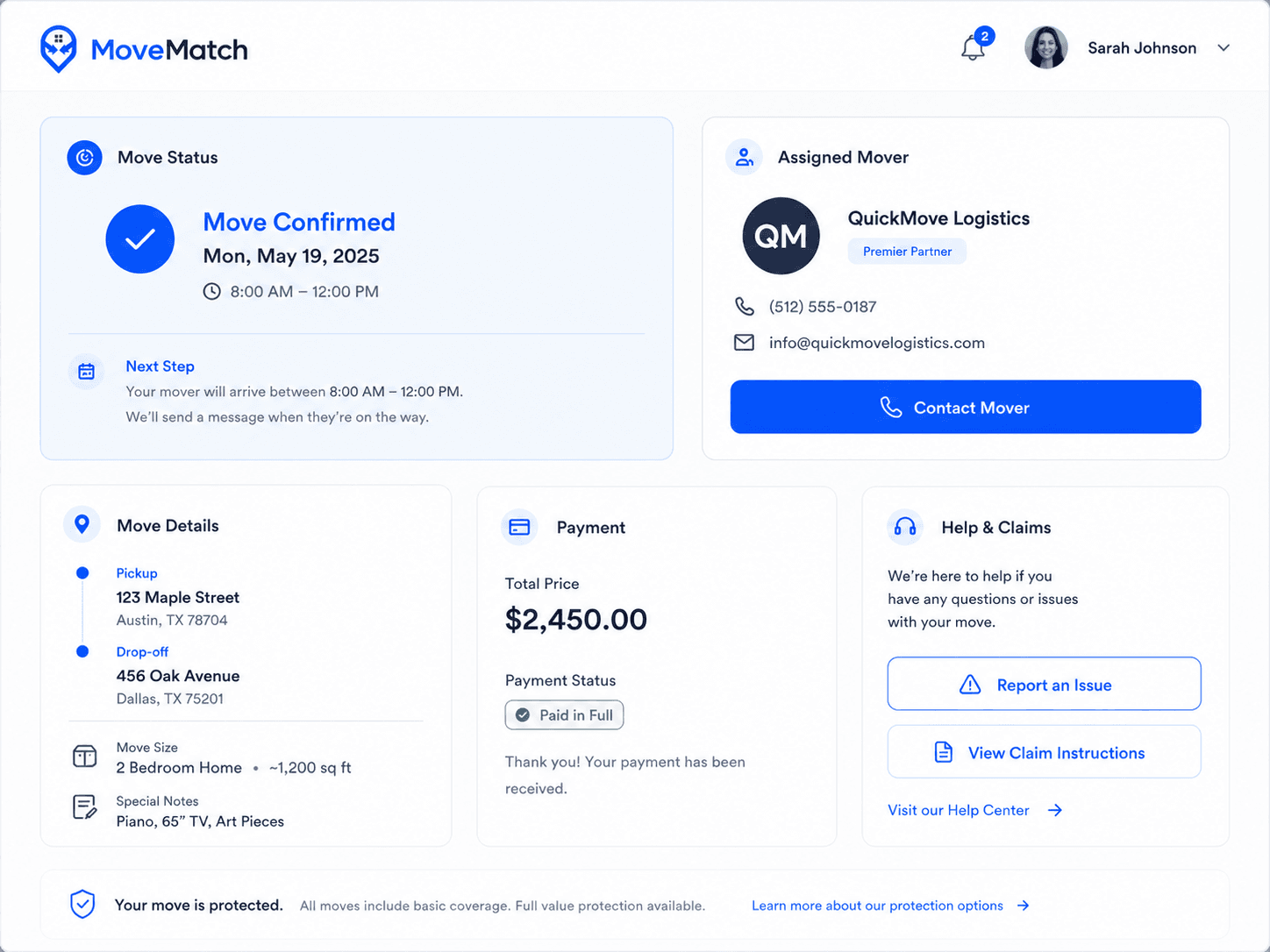 MoveMatch customer dashboard showing move status, assigned mover, and payment